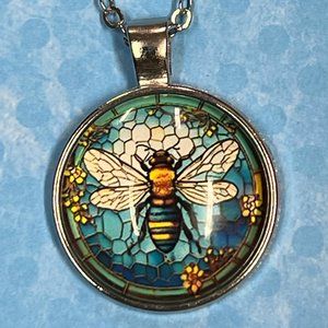 Stained Glass Series -Bumblebee- Round Silver Tone Pendant Necklace